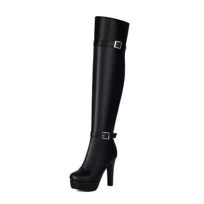 Two Strap Buckle Decor Zipper Round Toe Chunky Heel Over The Knee Boots