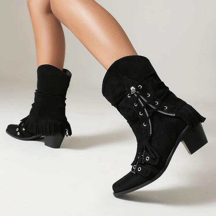 Fold Over Fringed Trim Zipper Pointed Toe Chunky Heel Western Boots