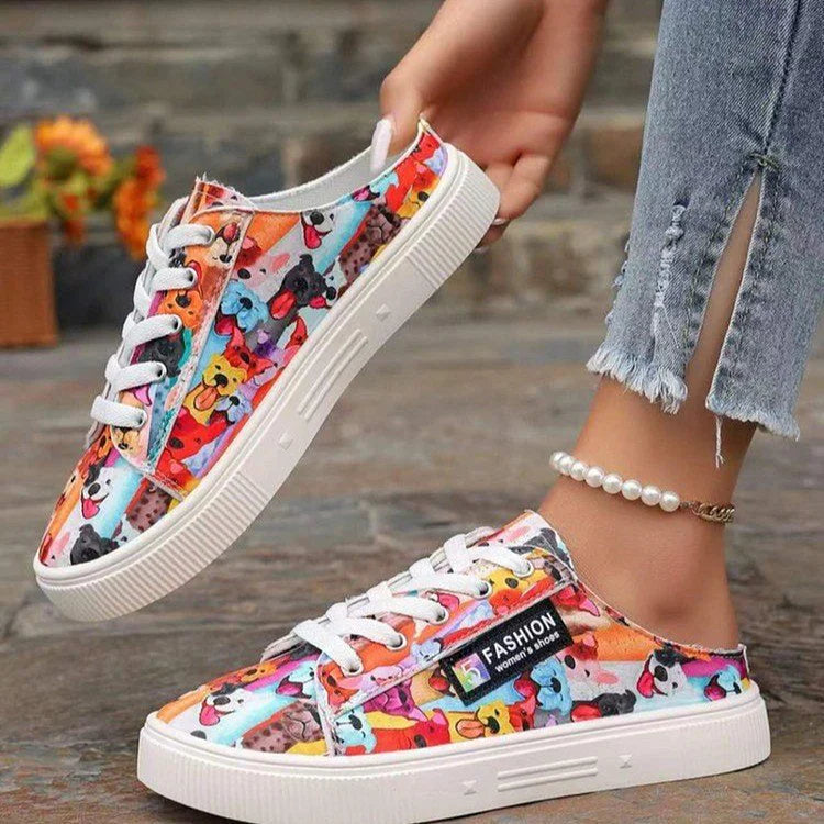 Canvas Multicolor Print Round Toe Slip On Lace Up Sneakers