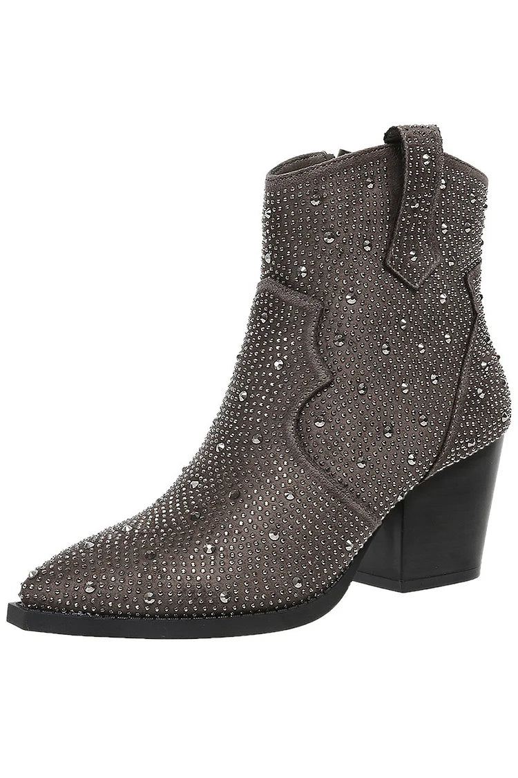 Rhinestone Decor Patchwork Zipper Pointed Toe Ankle Boots