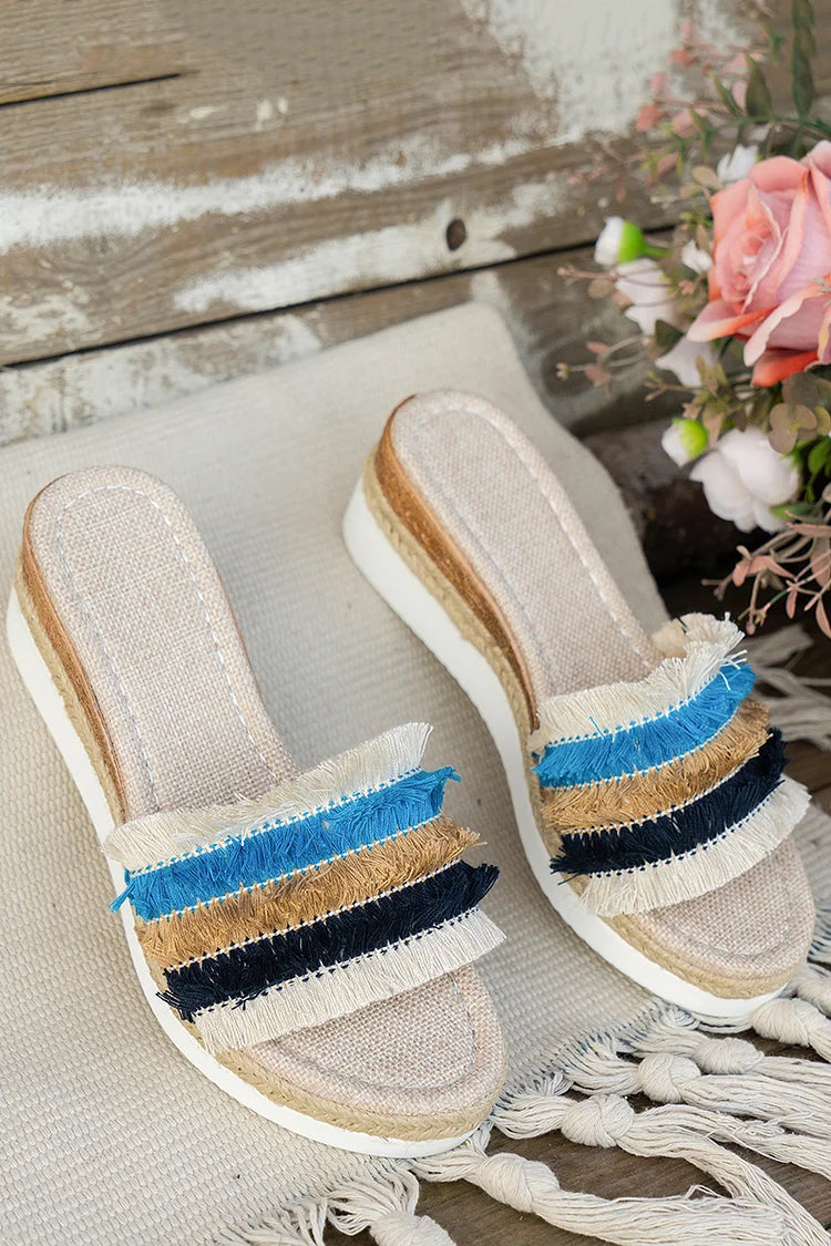 Tassels Trim Striped Espadrille Platform Wedge Outdoor Slippers