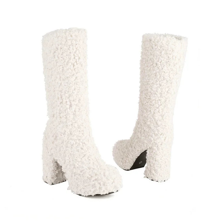 Solid Color Faux Fur Round Toe Chunky Heel Platform Mid Calf Boots