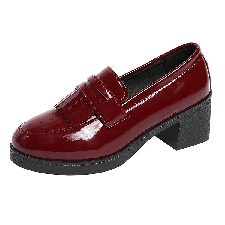 Patchwork Fringed Trim Round Toe Chunky Heel Loafers