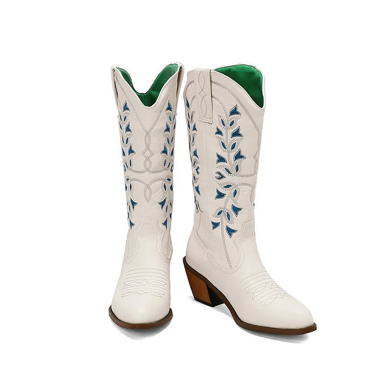 Colorblock Embroidery Patchwork Pointed Toe Chunky Heel Western Boots