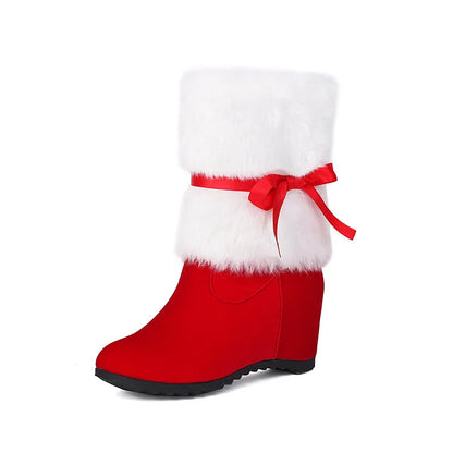 Christmas Fluffy Tied Up Bow Round Toe Wedge Heel Mid Boots