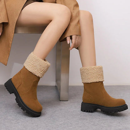 Patchwork Fluffy Trim Round Toe Chunky Heel Pull On Snow Boots