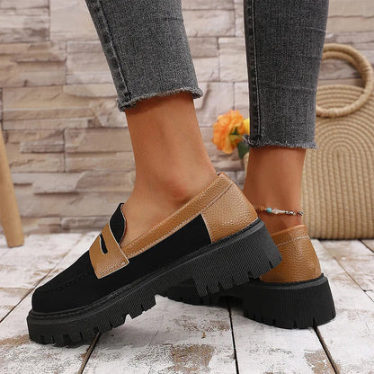 Colorblock Round Toe Patchwork Chunky Heel Casual Loafers