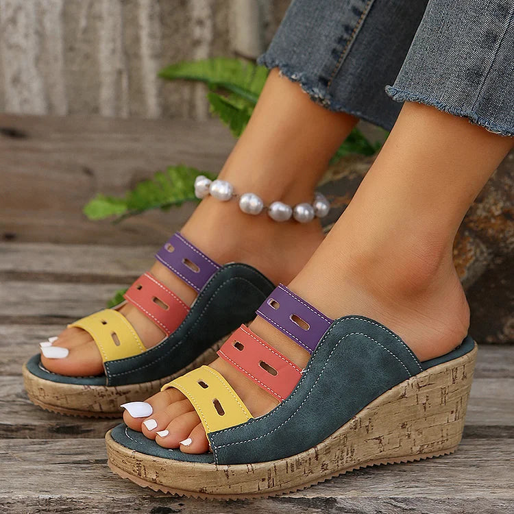 Color Block Quilted Hollow Out Peep Toe Wedge Slippers