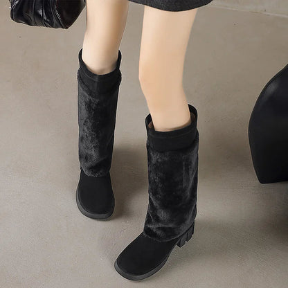 Fluffy Trim Patchwork Round Toe Chunky Heel Pull On Long Boots