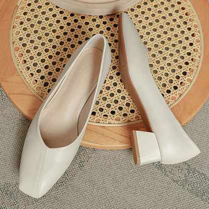 Elegant Square Toe Solid Color Slip On Chunky Heels