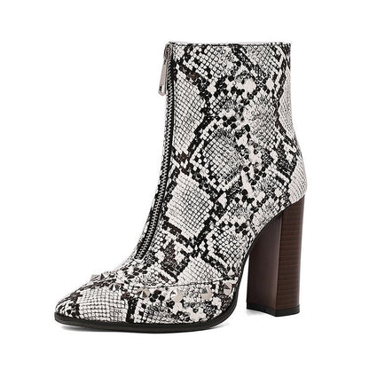 Metal Rivets Patchwork Zipper Square Toe Chunky Heel Ankle Boots