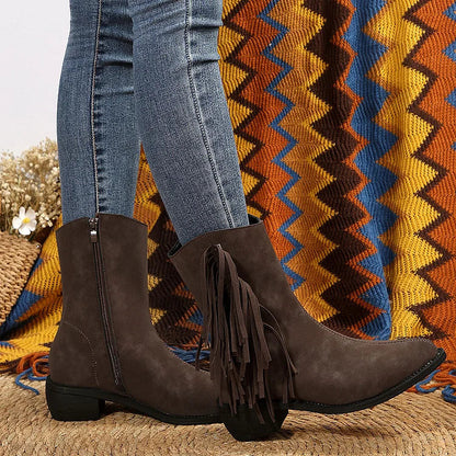 Tassels Decor Solid Color Pointed Toe Chunky Heel Mid Boots