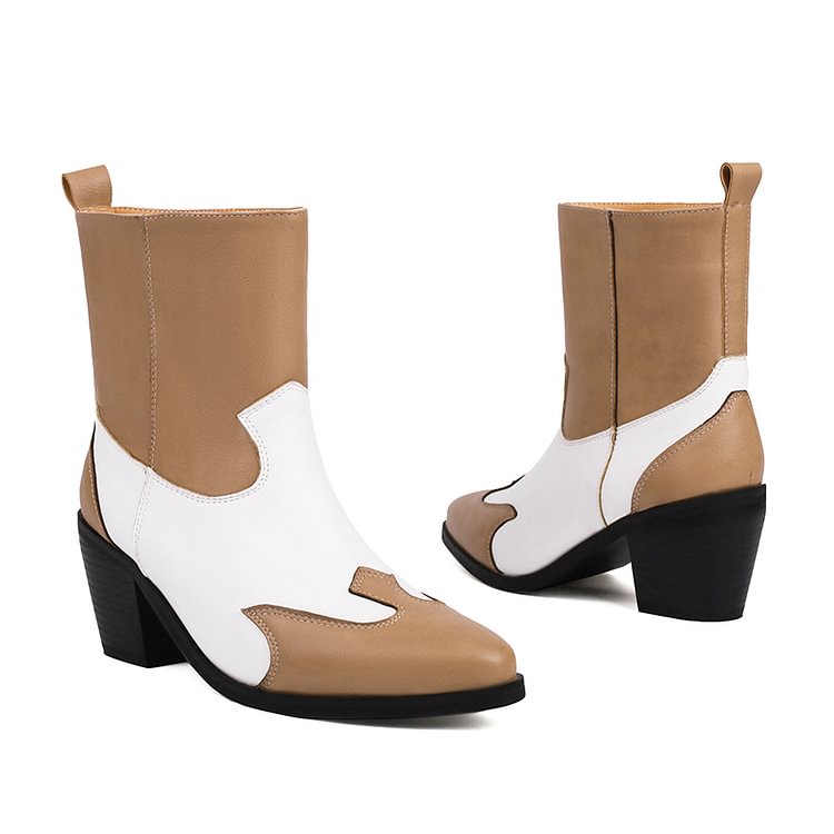 Colorblock Pointed Toe Patchwork Chunky Heel Pull On Ankle Boots