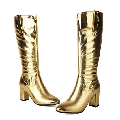 Zipper Metallic Sheen Pointed Toe Chunky Heel Mid Calf Boots