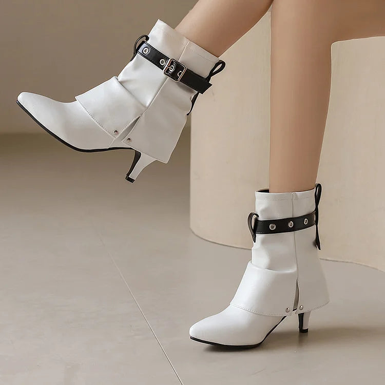 Colorblock Strap Buckle Fold Pointed Toe Stiletto Heel Ankle Boots