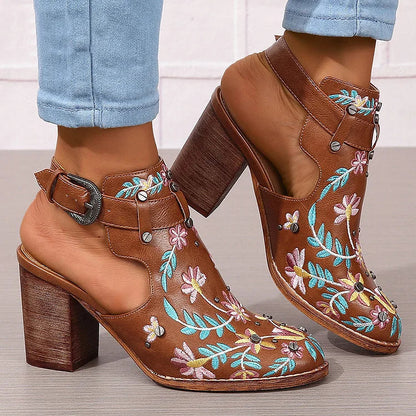 Floral Leaf Embroidery Round Toe Slingback Chunky Heels