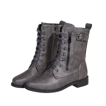 Patchwork Strap Buckle Round Toe Zipper Lace Up Mid Boots