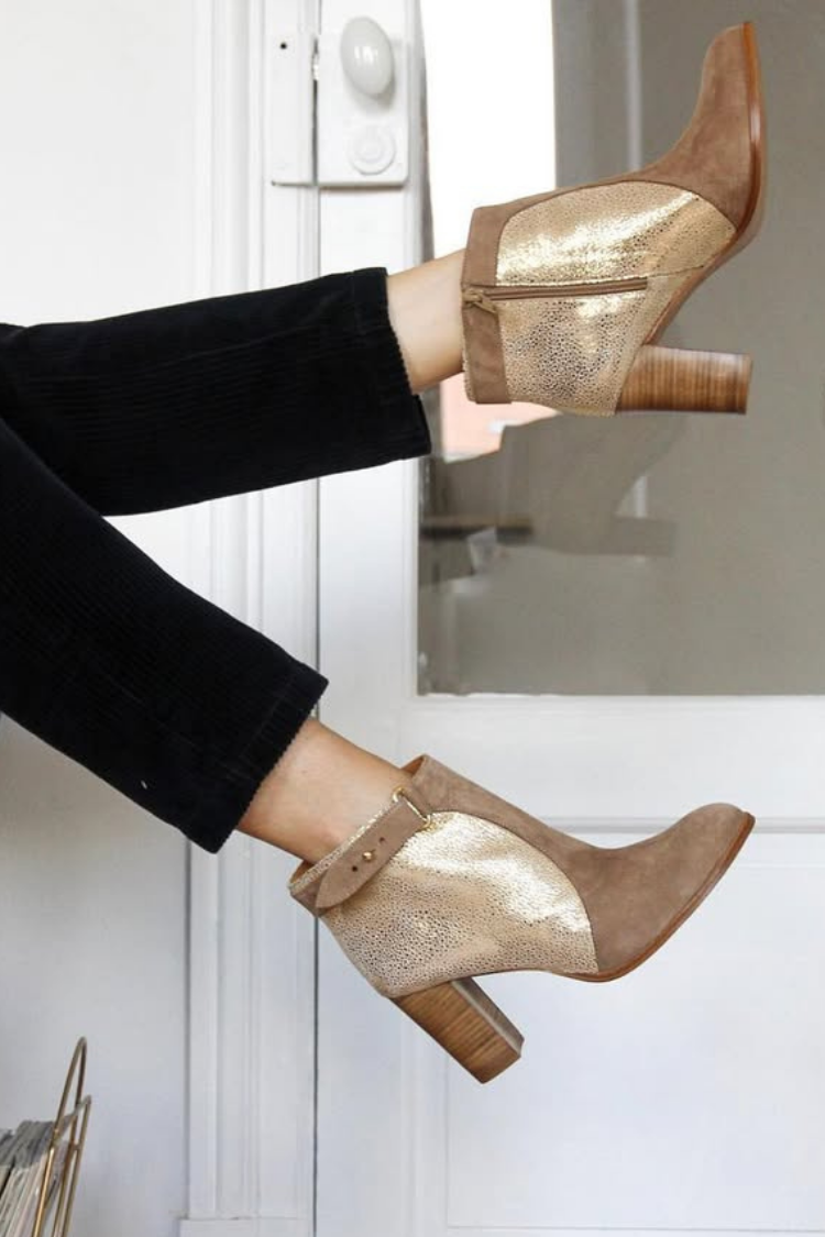 Gold Metallic Panel Block Heel Booties [Pre Order]