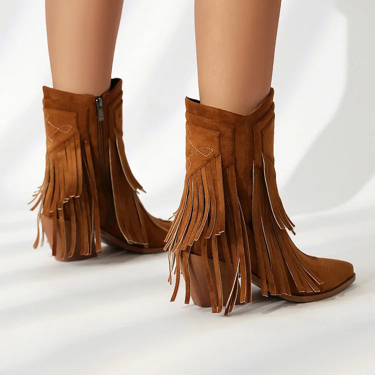 Multicolor Fringed Trim Zipper Pointed Toe Chunky Heel Western Boots