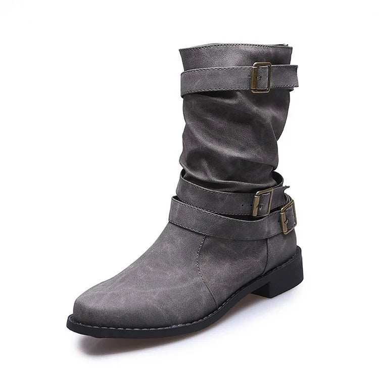 Multi Straps Buckles Patchwork Round Toe Solid Color Mid Boots