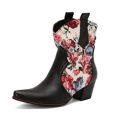 Floral Print Patchwork Chunky Heel Pointed Toe Ankle Boots