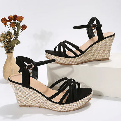 Cross Strappy Tassels Buckle Peep Toe Espadrille Platform Wedge Sandals