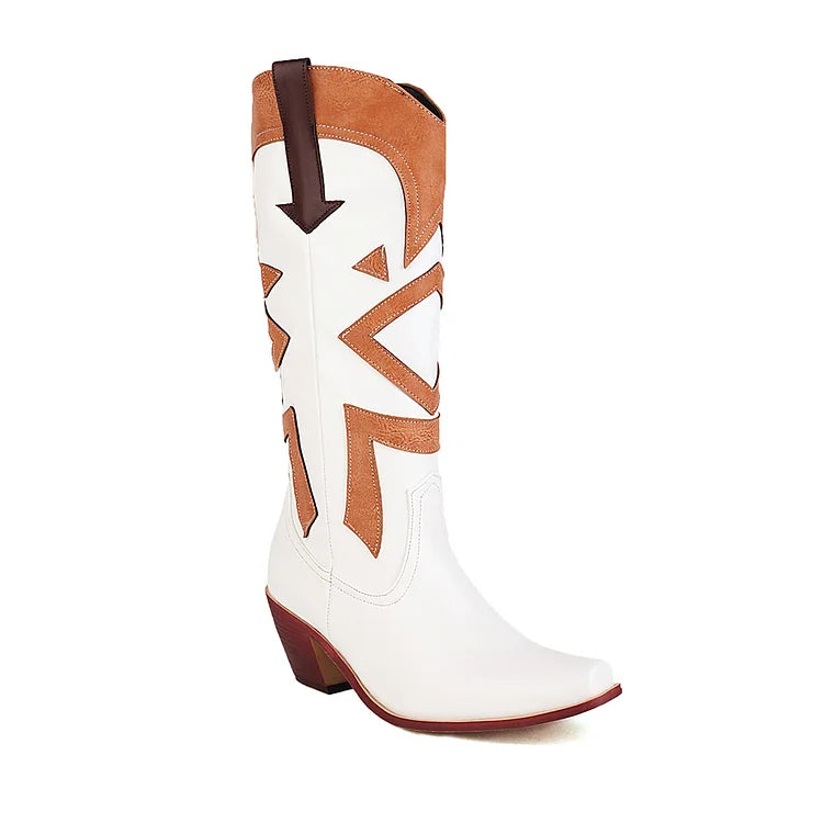 Colorblock Patchwork Pointed Toe Chunky Heel Western Boots