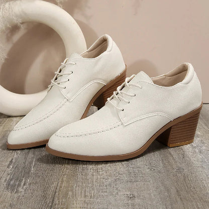 Patchwork Stitch Detail Pointed Toe Chunky Heel Lace Up Oxfords