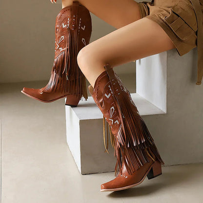 Tribal Pattern Embroidery Fringe Pointed Toe Chunky Heel Western Boots