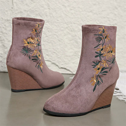 Floral Embroidery Round Toe Wedge Heel Pull On Ankle Boots