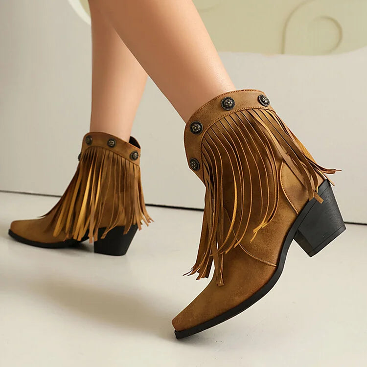 Fringed Trim Metallic Studded Square Toe Chunky Heel Ankle Boots