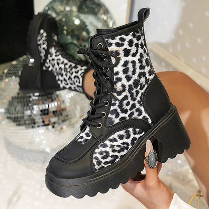 Patchwork Round Toe Leopard Print Chunky Heel Lace Up Mid Boots