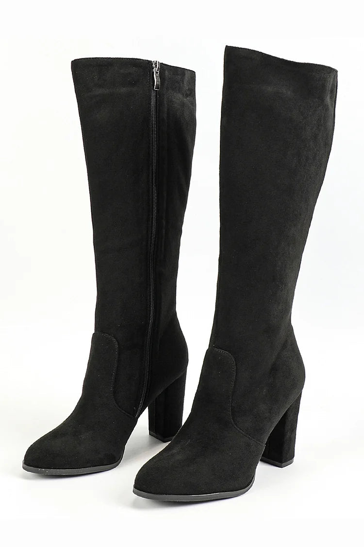 Solid Color Patchwork Pointed Toe Chunky Heel Zipper Knee High Boots