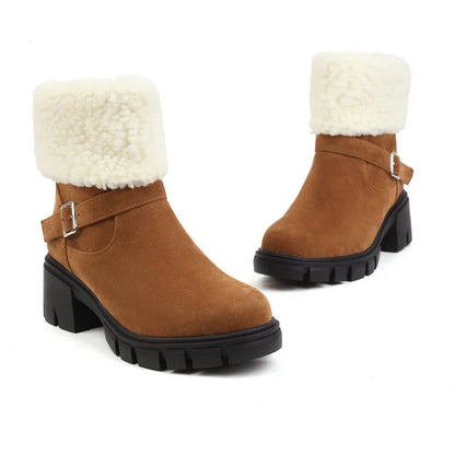 Round Toe Strap Buckle Decor Fluffy Trim Chunky Heel Snow Boots