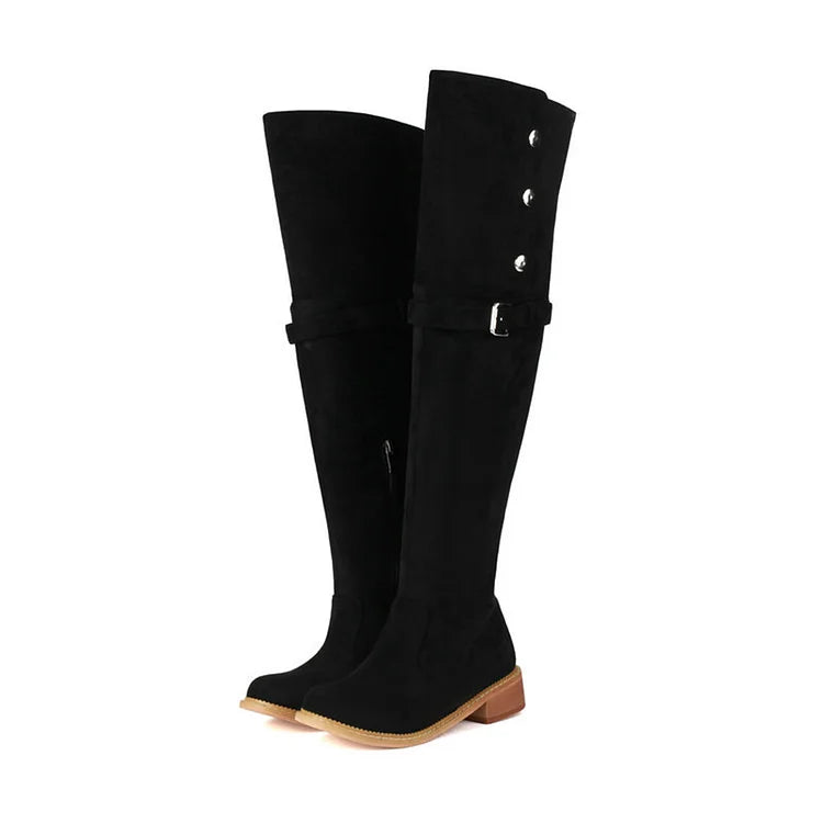 Metal Button Strap Buckle Decor Round Toe Over The Knee Boots