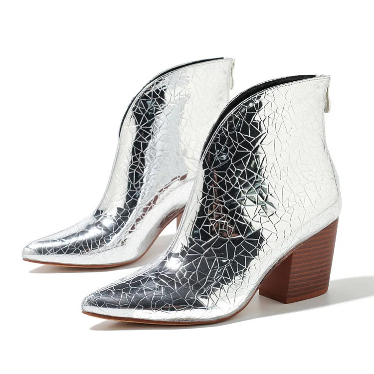Metallic Sheen V Cut Pointed Toe Chunky Heels Ankle Boots