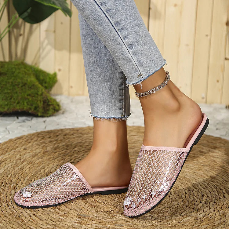 Rhinestone Decor Hollow Out Closed Toe Solid Color Slippers