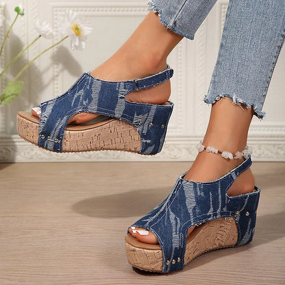 Denim Ripped Rivet Decor Cutout Slingback Strap Platform Wedge Sandals