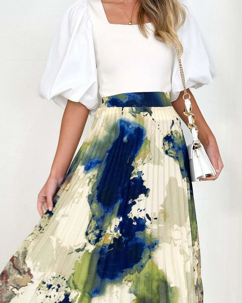 High-end oil painting printed pleated A-line pleated skirt