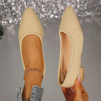 Rhinestone Decor Fishnet Patchwork Pointed Toe Flats