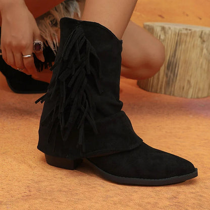 Fringed Trim Solid Color Fold Pointed Toe Chunky Heel Mid Boots