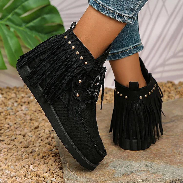 Fringed Trim Round Toe Metal Rivets Lace Up Ankle Boots