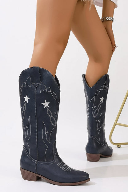 Embroidery Round Toe Patchwork Chunky Heel Knee High Boots