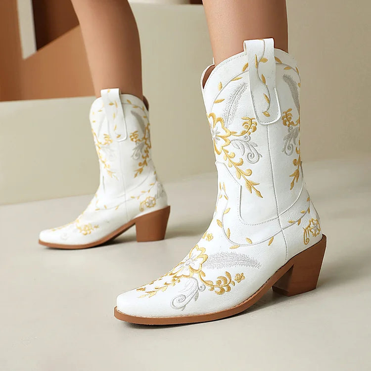 Floral Embroidery Patchwork Pointed Toe Chunky Heel Western Boots