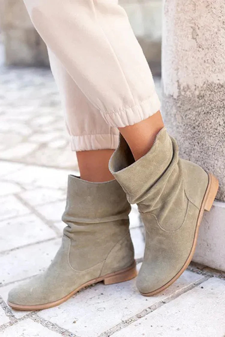 Solid Color Patchwork Round Toe V Cut Slouch Ankle Boots