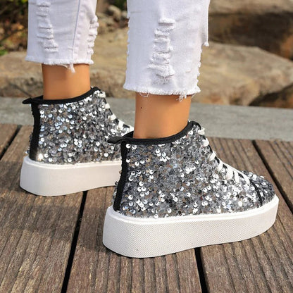 Sequins Decor Round Toe Lace Up Casual High Top Sneakers