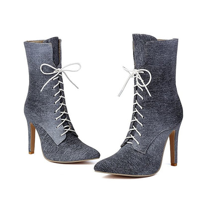 Denim Gradient Color Pointed Toe Stiletto Heel Lace Up Mid Calf Boots