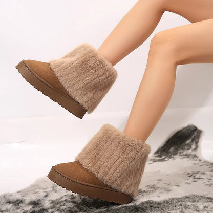 Fluffy Faux Fur Fold Round Toe Pull On Snow Boots