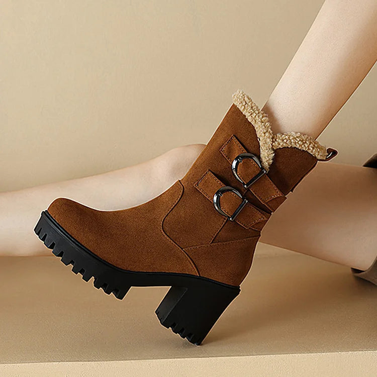 Two Straps Buckles Patchwork Round Toe Chunky Heel Mid Boots