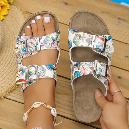 Color Matching Print Thick Belt Buckles Round Toe Outdoor Slippers